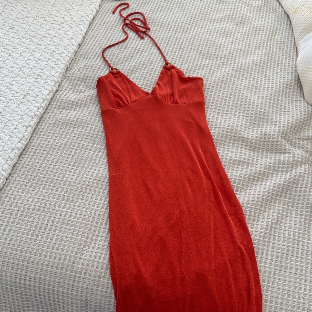 Forever 21 Red/ coral Halter Midi Dress with ring detail